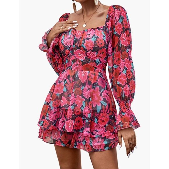 Pink & Blue Floral Rose Printed Chiffon Ruffle Long Sleeve Romper Short Playsuit - Picture 1 of 6